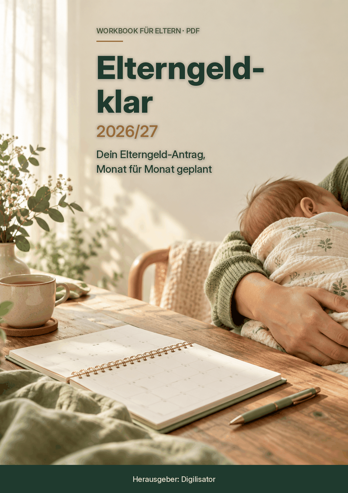 Cover des E-Books Elterngeld-klar 2026/27: Elternteil mit schlafendem Baby am Tisch mit Monatsplaner, Unterzeile Dein Elterngeld-Antrag, Monat für Monat geplant